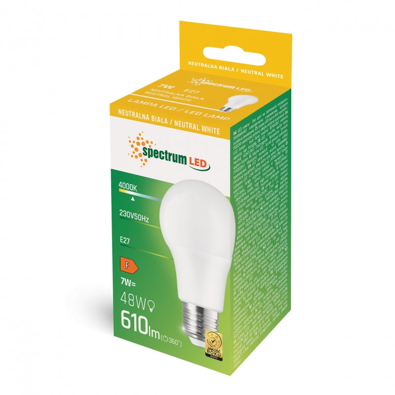 Spectrum LED GLS A60 bulb E27 7W 230V 4000K neutral white 610 lumens 270° beam non-dimmable