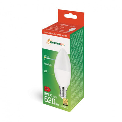 Spectrum LED kaarslamp C37 E-14 8W 3000K warm wit, 710 lumen, 160° stralingshoek, IP20, ideale sfeerverlichting