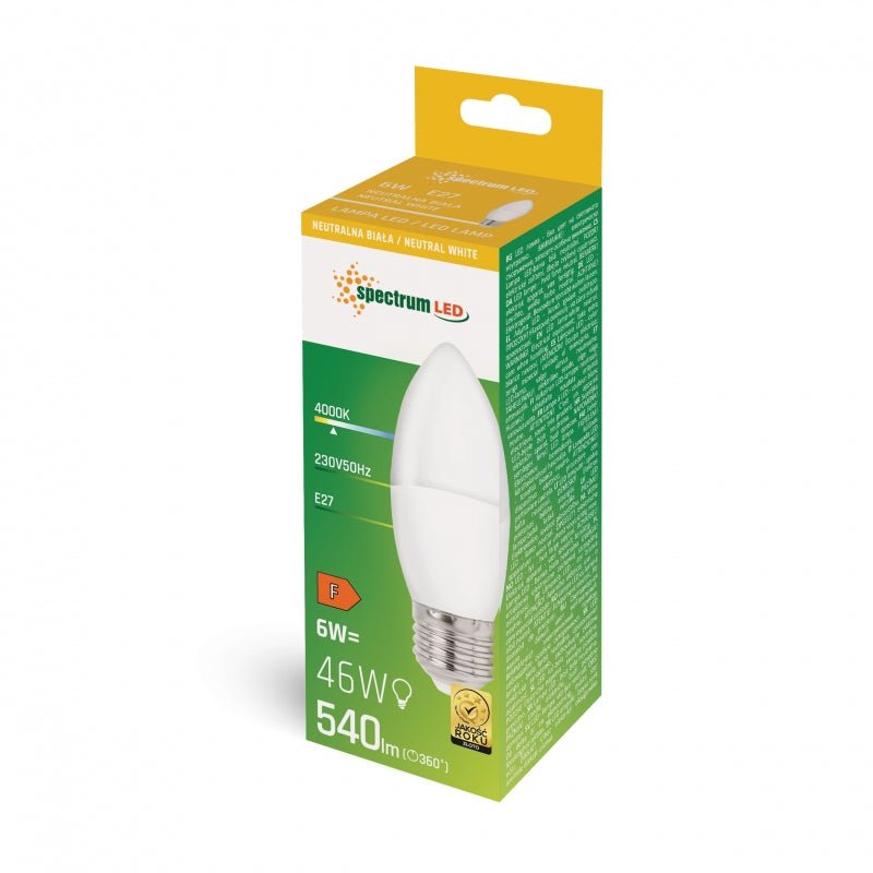 Spectrum Led kaarslamp C37 E27 230V 6W NW 4000K, 540 lumen voor binnengebruik, 160° stralingshoek, niet dimbaar