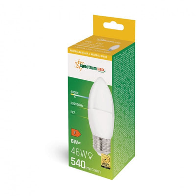 Spectrum Led kaarslamp C37 E27 230V 6W NW 4000K, 540 lumen voor binnengebruik, 160° stralingshoek, niet dimbaar