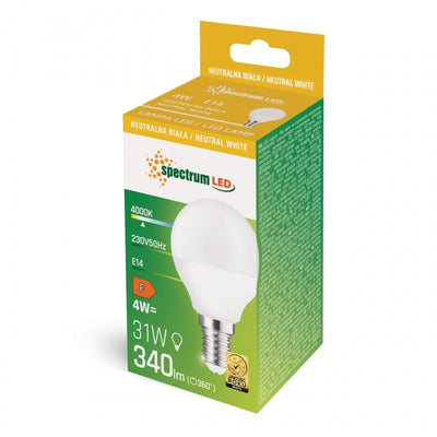 Spectrum LED ball G45 lamp met E14 fitting 230V 4W 4000K, 340 lumen, 160° verspreiding, niet dimbaar, IP20