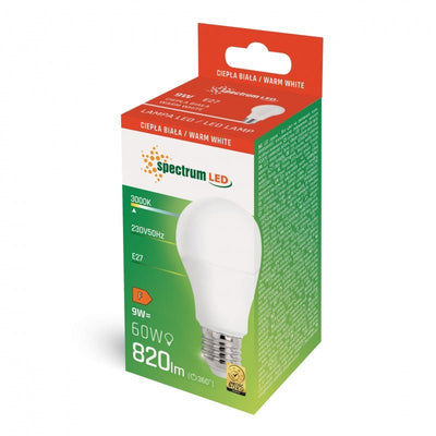 Spectrum LED A60 9W E-27 warm wit lamp 3000K, 820 lumen, IP20, niet dimbaar, 230V, CRI &gt;80, 270° lichtbundel